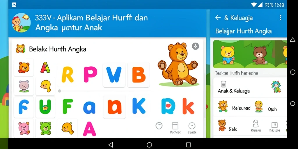Antarmuka aplikasinya yang ceria dan interaktif untuk belajar huruf dan angka.