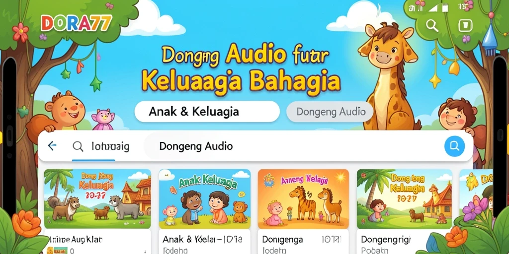 Tampilan antarmuka DORA77 yang ramah anak dengan berbagai pilihan cerita.