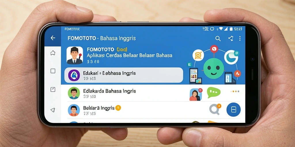 Antarmuka aplikasi FOMOTOTO yang menarik untuk belajar bahasa Inggris.