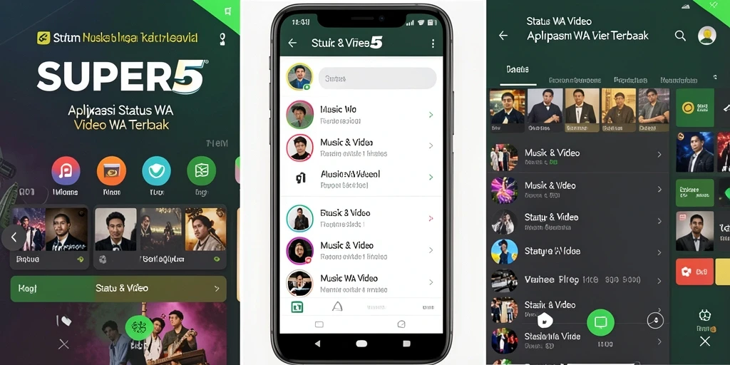 Antarmuka aplikasi SUPER5 dengan pilihan video Status WA yang menarik.