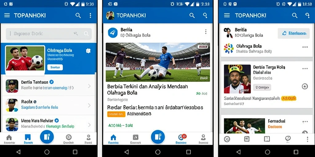 Antarmuka aplikasi TOPANHOKI menampilkan berita dan analisis olahraga bola.